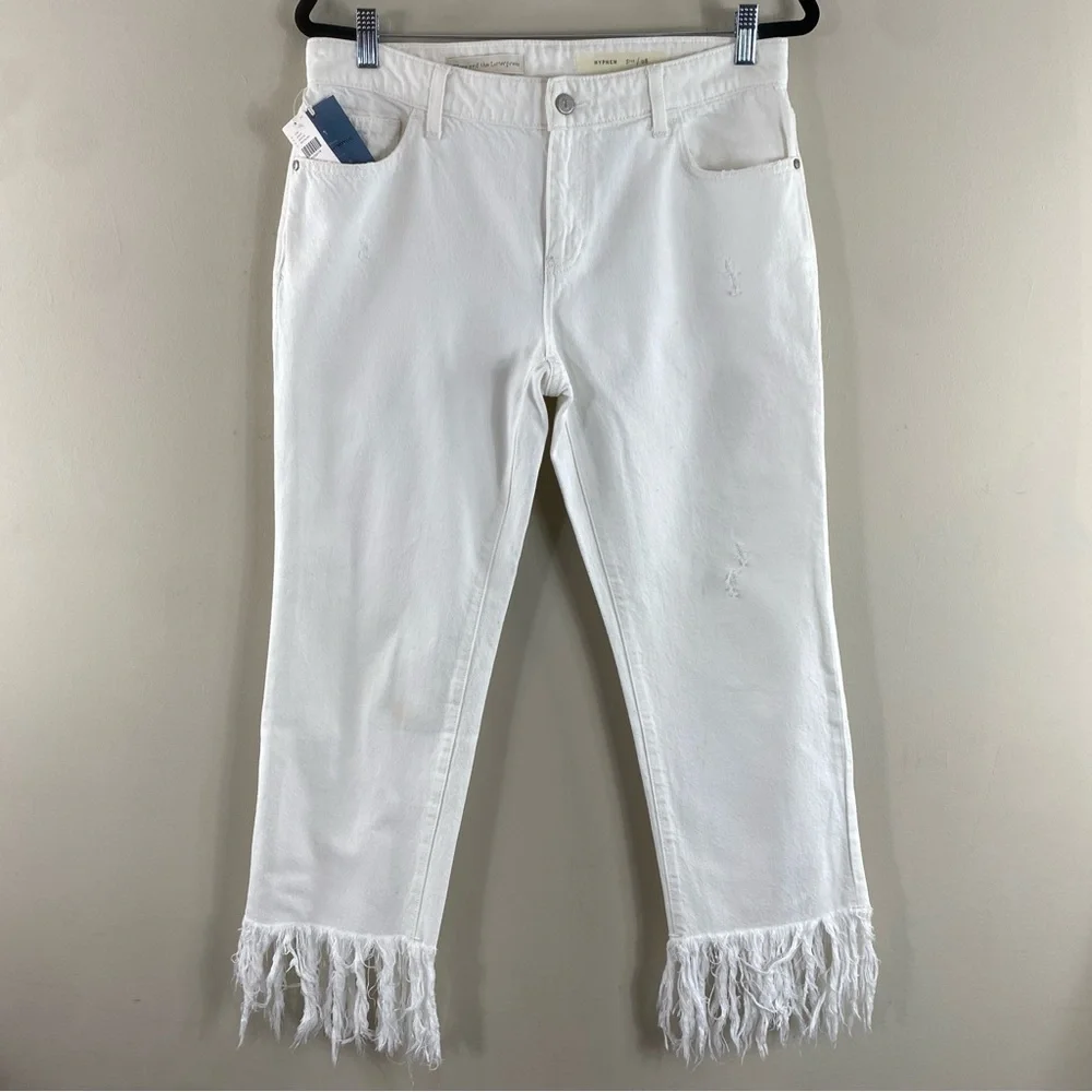 Pilcro White Cropped Raw Hem HYPHEN Distressed Jeans Mid-Rise Boho‎ Denim Sz 28